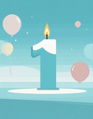 Candle shaped as number 1. Festive illustration for birthday or anniversary celebration