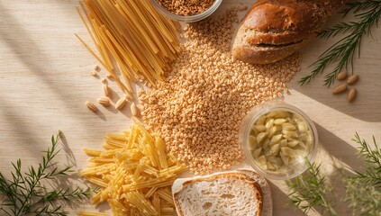Flat lay of pasta, cereals, and bread, nutrient-dense with low GI levels promoting heart health and diabetes control, Nutrition Awareness Week