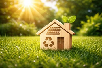 Sustainable living house icon located on thick green lawn with sunny atmosphere