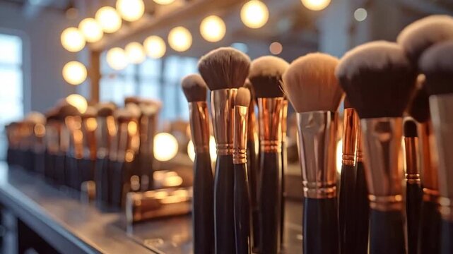 Professional makeup brushes arranged neatly on a vanity table with illuminated mirror.