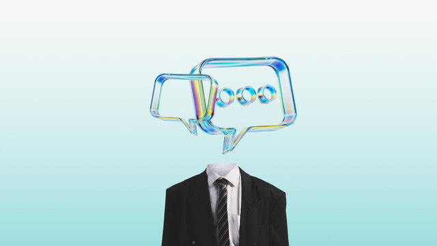 Modern digital artwork businessman with chat bubbles instead of head. Concept of communication flow, digital dialogue, corporate messaging, social interaction, information exchange. - Powered by Adobe