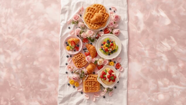 Overhead view of a brunch or breakfast assortment on a pink background, highlighting food presentation and layout