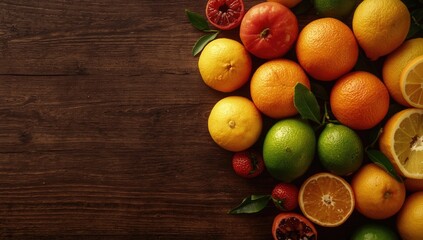 Assorted citrus fruits such as navel and blood oranges, lemons and limes arranged on dark wood table, for fresh flavor preparation