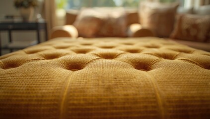 Obraz premium Detail of soft padded mustard-yellow fabric with stitched grid pattern, suitable for upholstery or furniture finishing