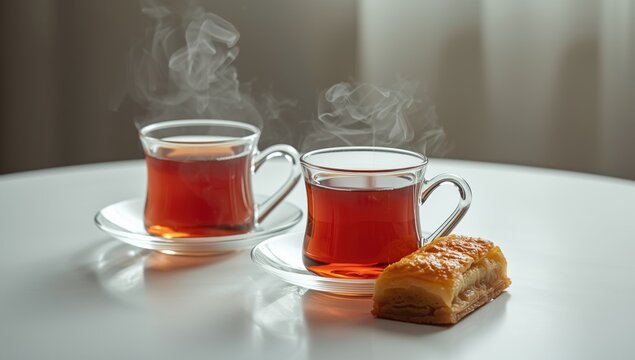 Close-up of Turkish tea in glass cups with a plate of fresh baklava on a white surface, highlighting dessert presentation