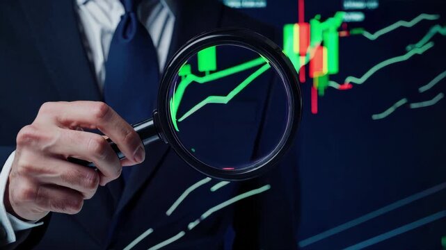 close-up of a businessperson in a dark suit holding a magnifying glass over a glowing digital stock chart, analyzing financial data, futuristic interface with numbers and candlestick patterns