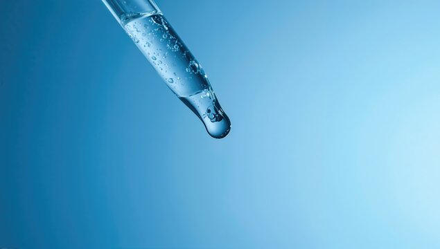 Clear serum in a pipette over a blue lab surface, emphasizing precision in scientific experiments