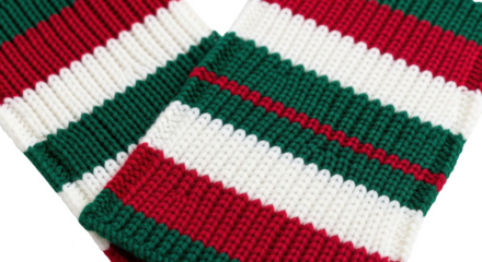 Close up of knitted fabric with red green and white stripes isolated on a transparent background textile