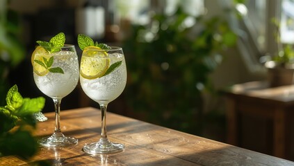 Close-up of citrus drinks featuring lemon slices and mint leaves, highlighting natural ingredients for beverage presentation, World Citrus Fruit Day