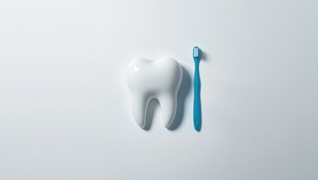 Tooth shape with tube of toothpaste and toothbrush, highlighting dental care tools for daily maintenance - Powered by Adobe