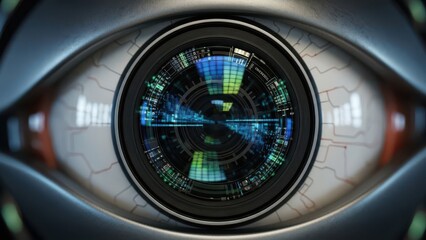 Artificial intelligence robotic eye with digital data display for technology and surveillance concept and future vision, 3D render