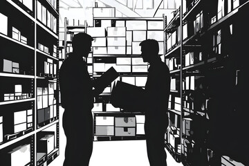 Warehouse Harmony: Two figures collaborate amidst the organized chaos of a warehouse, silhouetted against a backdrop of neatly stacked shelves and boxes.