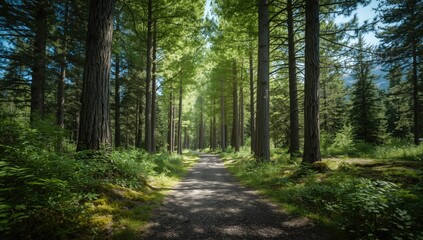 Fototapeta premium Sunny forest path highlighting seasonal change, emphasizing outdoor activity and conservation