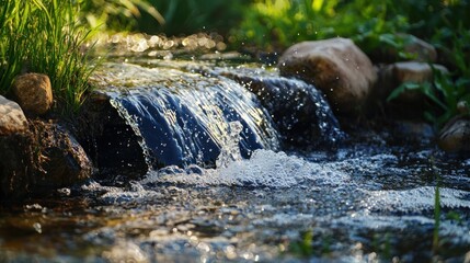 A serene garden scene with a small waterfall, surrounded by lush greenery and rocks.