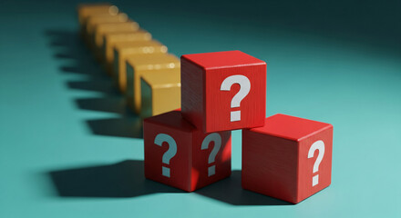 Close-up of red block with question mark, stacked upon two similar blocks, with blurred yellow blocks in row, representing question and answer
