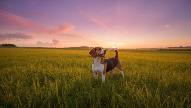 Portrait of a Beagle in a sunset landscape, illustrating outdoor exploration and animal presence