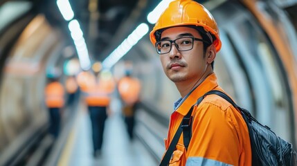 A young man in an orange hard hat and safety vest standing in a subway tunnel.