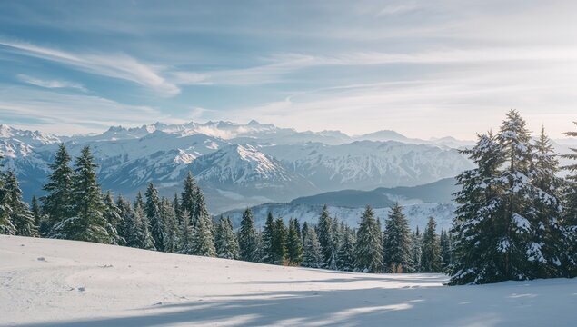 Snow-covered terrain featuring trees on mountainous and hilly areas beneath a clear blue sky, suitable for winter travel