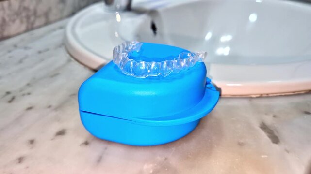 Clear dental aligner for orthodontics. Dental splint broken due to use.