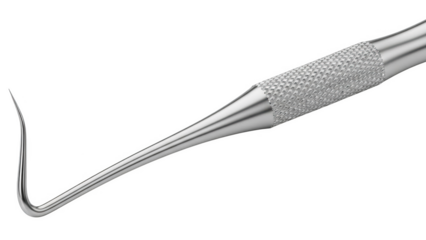 Dental explorer tool with textured handle and curved pointed tip isolated on a transparent background