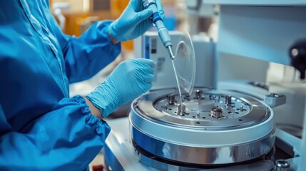 A scientist in a blue lab coat and gloves uses a pipette to transfer a liquid sample from a vial to a test tube in a laboratory setting.