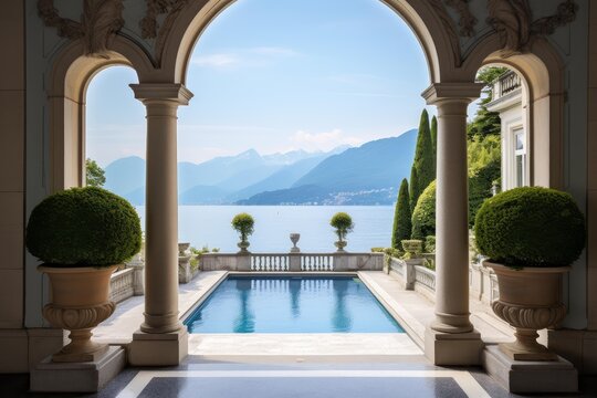 Arched loggia leading to a swimming pool and elegant italian garden overlooking lake como