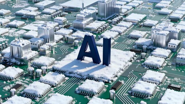 AI letters rest on a snow-dusted microchip and surrounding components, suggesting cold digital infrastructure, winterized data centers and resilient circuitry that evokes machine intelligence and tech
