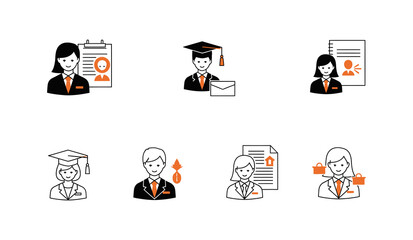 Diverse professional and academic user avatars, representing career milestones, educational achievements, and employment processes through minimalist icons
