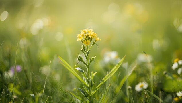 Bidens pilosa flowering plant with green leaves on a natural background, ideal for nature-themed layout