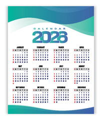 2026 Annual Calendar Template with Modern Gradient Waves
