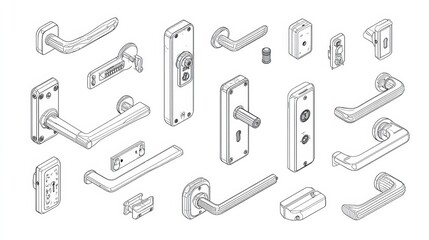 Different types of door handles and lock sets are presented as line drawings, showcasing a variety of styles for various needs in home design.