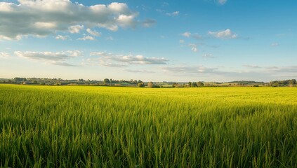 Fototapeta premium Lush green landscape with vibrant blue sky, ideal for environmental awareness, Earth Day