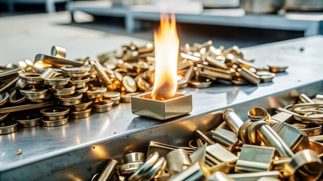 Molten brass scrap gleams with golden light after being forged in a metalworking furnace