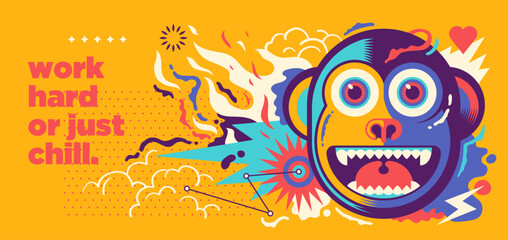 An abstract conceptual illustration with a comic monkey. Vector illustration.