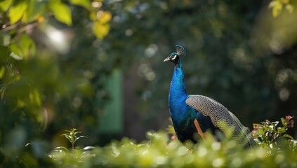 Obraz premium Peafowl perched in a zoo environment, emphasizing ornamental plumage for exhibit purposes, Endangered Species Day