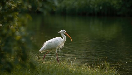 White ibis foraging on grass in a park, highlighting wildlife in urban areas, World Wildlife Day