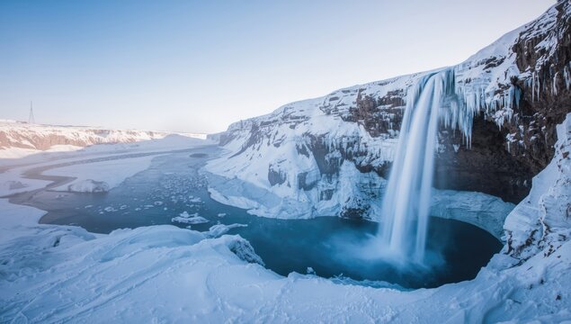 Snow-covered waterfall in a winter setting highlighting nature's erosion risk during cold seasons