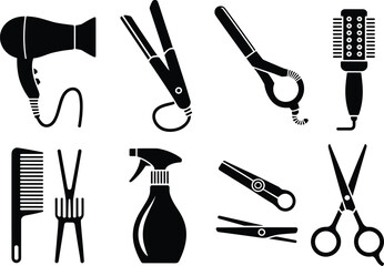 Obraz premium Hair salon tool silhouette set, featuring professional barber equipment icons including dryer, scissors, combs, spray bottle and styling devices for beauty, grooming and design projects