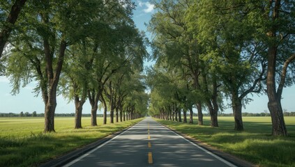 Obraz premium A rural road lined with vibrant green trees under a clear blue sky, suitable as a background for outdoor layouts