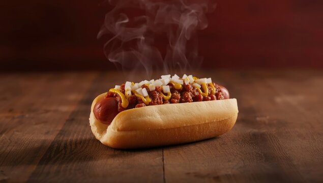 Coney Island style hot dog with chili and mustard, casual outdoor eating setting