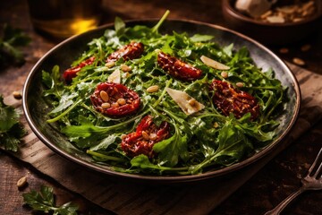 Robust arugula salad with dried tomatoes and a hint of garlic dressing