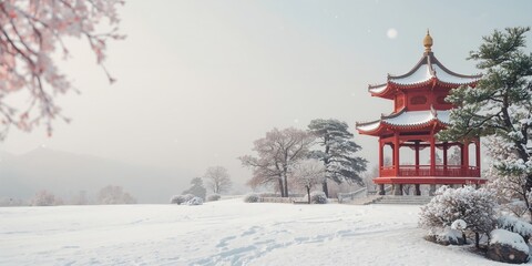 Snow-covered pine landscape with classic red Chinese buildings highlighting winter seasonal change