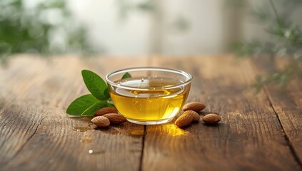 Natural laxative treatment with almond oil and golden shower tree oil on a wooden background, wellness focus