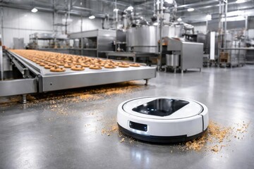 Robotic vacuum system streamlining cookie production cleaning operations in food manufacturing with copy space