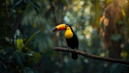 Fototapeta premium Ramphastos ambiguus resting on a tree limb, showcasing vivid yellow throat and large bill
