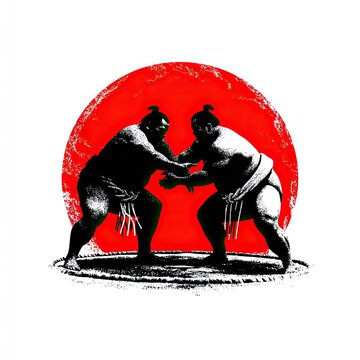 Sumo Wrestling Sport Logo Giants clashing in dohyō ring ceremonial apron sand flying ancient power struggle isolated on white background