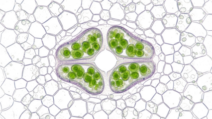 Microscopic view of plant stomata with guard cells and chloroplasts isolated on a transparent background