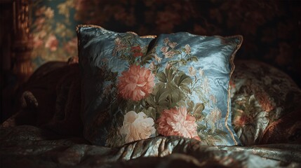 Ornate floral pillow on a dark moody background