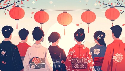 Modern editorial illustration of a group celebrating Lunar New Year viewed from behind, featuring soft lighting, minimal details, and a clean contemporary Asian illustration style.