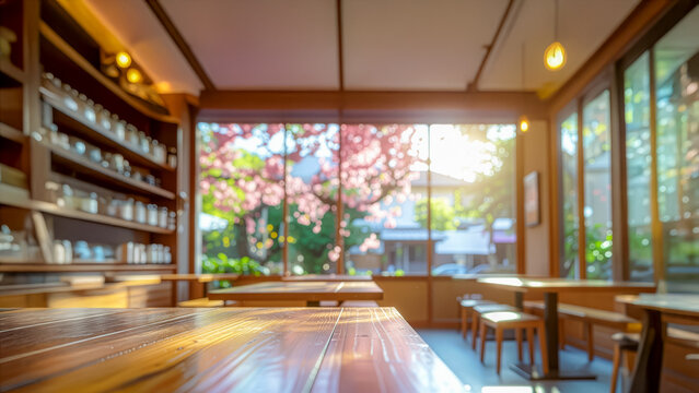 春の陽光が差し込む、窓の外に桜が見える温かい雰囲気のカフェの店内
